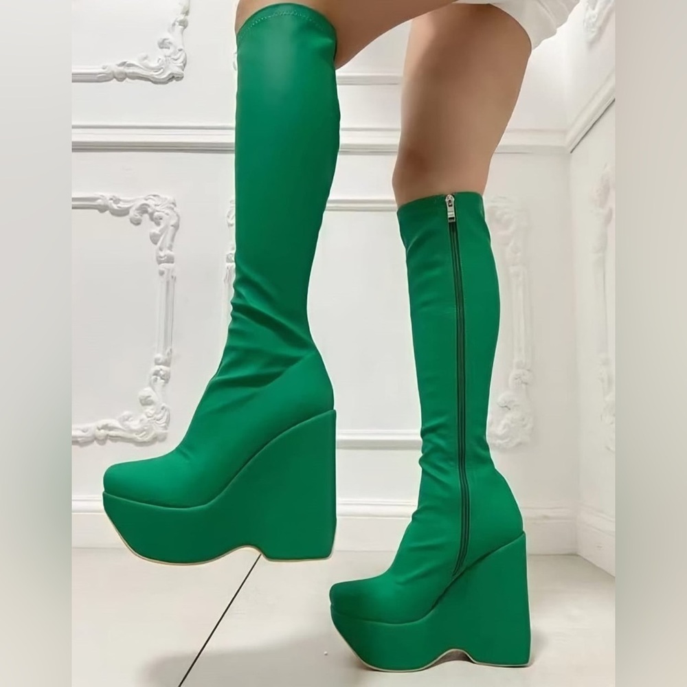 Vivianly Platform Green Round Toe Wedge Chunky Heels Knee High Boots Size